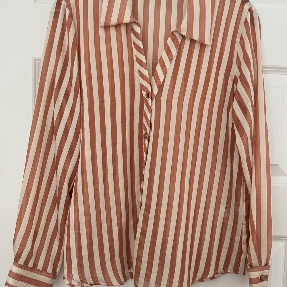 Zara Brown and Cream Striped Button-Down Shirt